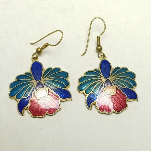 Vintage Colorful Enamel Floral Dangle Earrings, Tropical Flowers, Blue Red - Picture 2 of 6